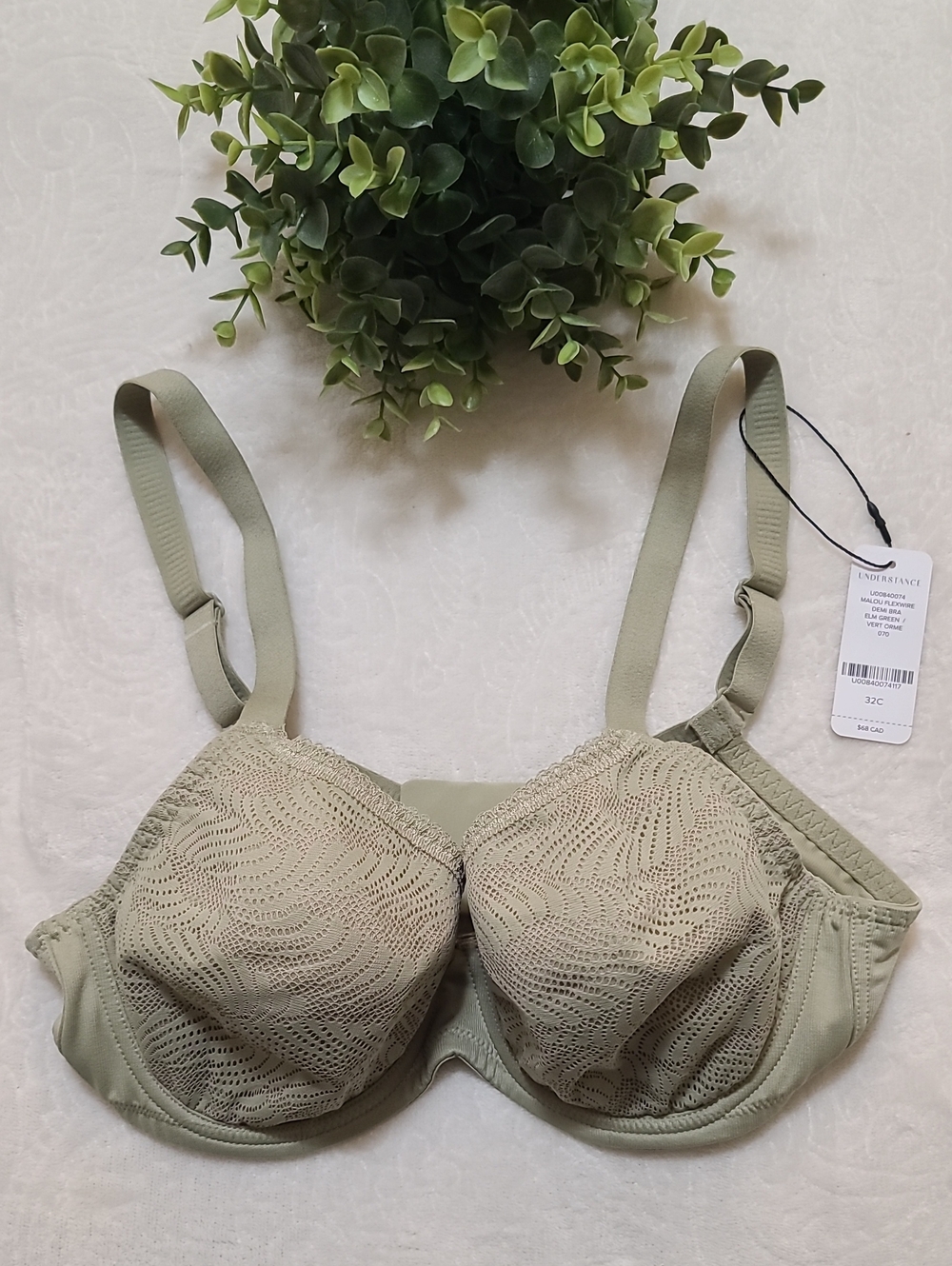 NWT Understance Green Olive Sage 32C Bra Unlined Underwire Lace Canadian